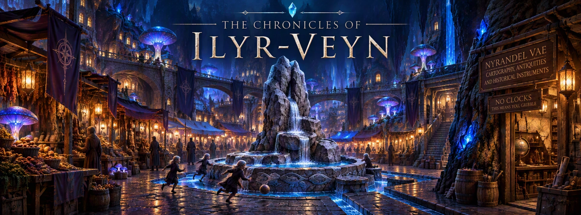 The Chronicles of Ilyr-Veyn — an underground market city lit by glowing crystals and lanterns
